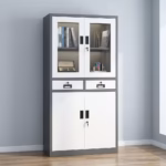 2-Door Metallic Office Cabinet in a modern white and dark grey finish, featuring a glass-door top display, two central locking drawers, and solid lower storage cabinets.