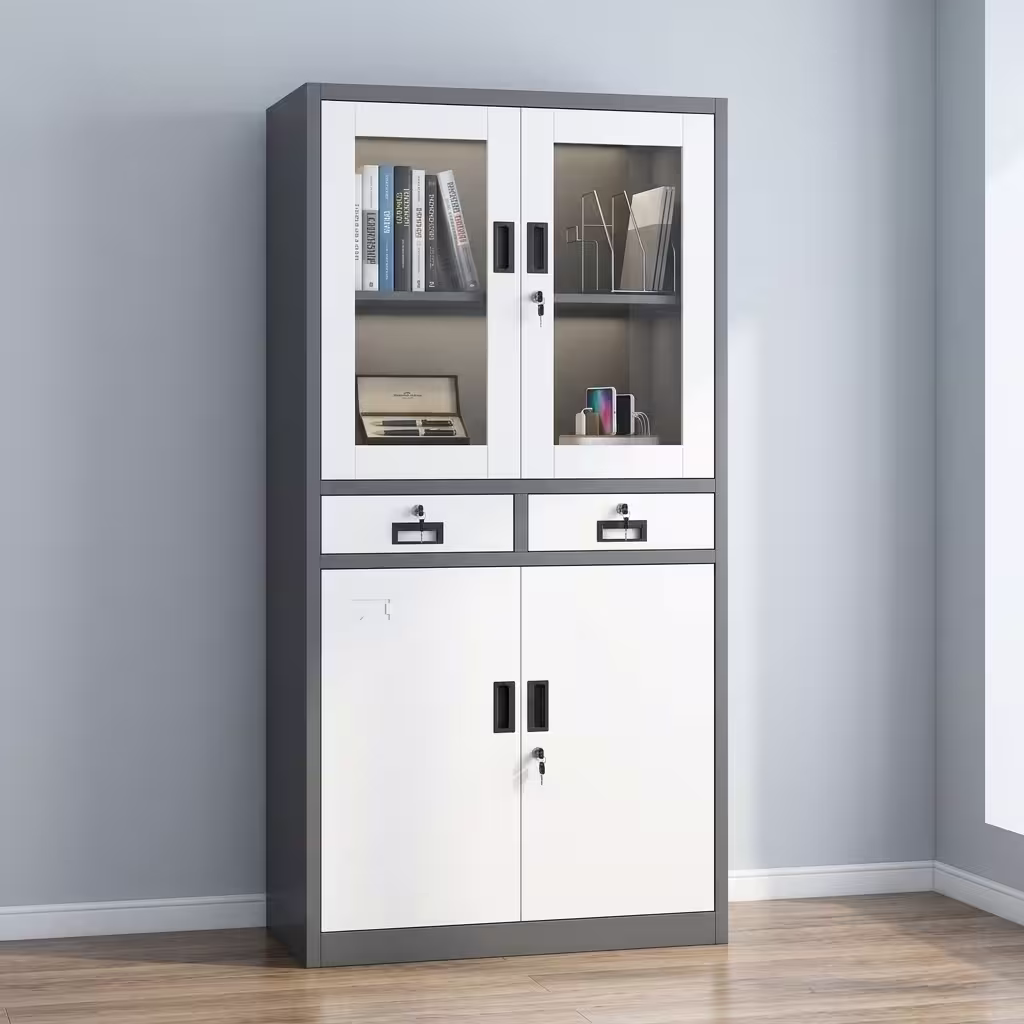 2-Door Metallic Office Cabinet in a modern white and dark grey finish, featuring a glass-door top display, two central locking drawers, and solid lower storage cabinets.