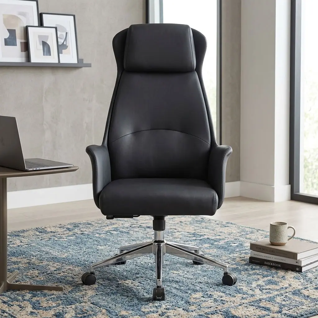 Premium high-back Leather Executive Office Seat in sleek matte black leather, featuring an integrated padded headrest, seamless upholstered armrests, and a mirror-polished chrome steel five-star wheelbase.