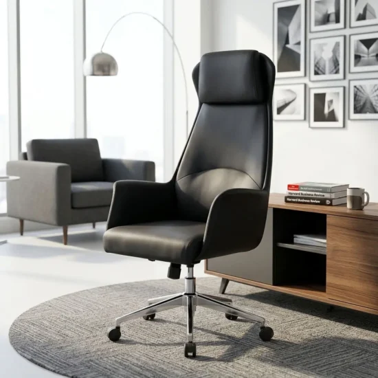 Premium high-back Leather Executive Office Seat in sleek matte black leather, featuring an integrated padded headrest, seamless upholstered armrests, and a mirror-polished chrome steel five-star wheelbase.