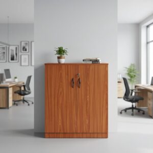 Two door wooden Credenza featuring a rectangular shape, warm wood-grain finish, two full-length hinged doors with vertical bow handles, and a central top key lock.