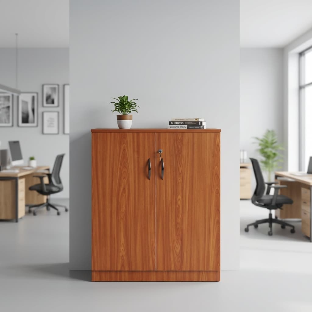 Two door wooden Credenza featuring a rectangular shape, warm wood-grain finish, two full-length hinged doors with vertical bow handles, and a central top key lock.