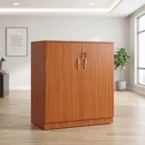 Two door wooden Credenza featuring a rectangular shape, warm wood-grain finish, two full-length hinged doors with vertical bow handles, and a central top key lock.