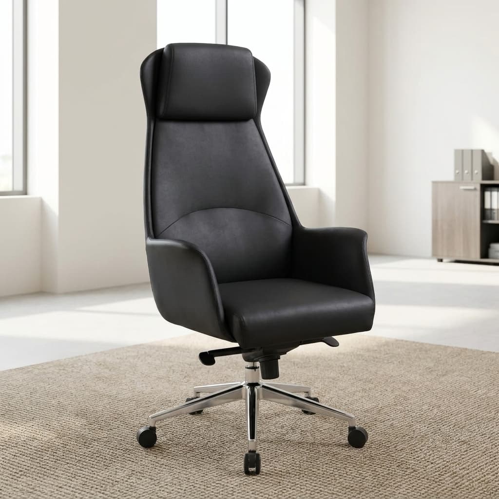 High Back Executive Office Seat featuring smooth black upholstery, a high tapered backrest, integrated padded headrest, curved armrests, and a polished metallic-toned five-star base with casters.