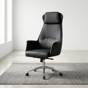 High Back Executive Office Seat featuring smooth black upholstery, a high tapered backrest, integrated padded headrest, curved armrests, and a polished metallic-toned five-star base with casters.
