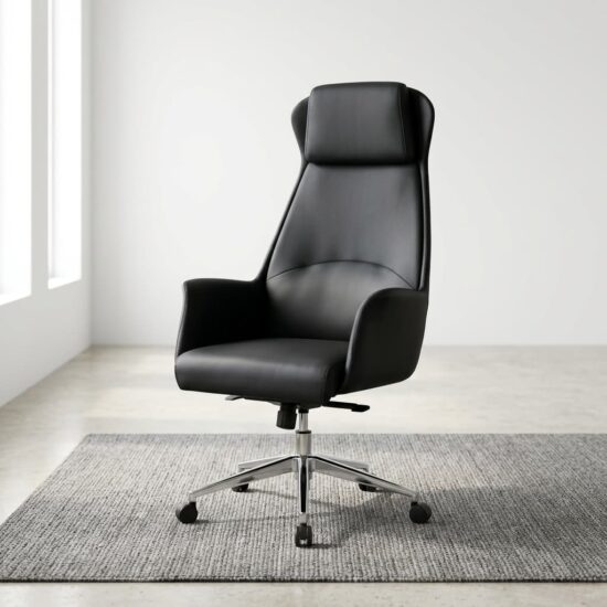 High Back Executive Office Seat featuring smooth black upholstery, a high tapered backrest, integrated padded headrest, curved armrests, and a polished metallic-toned five-star base with casters.