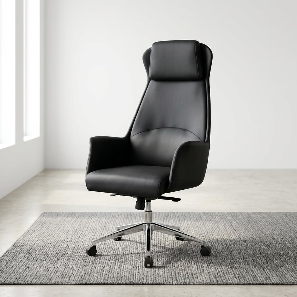 High Back Executive Office Seat featuring smooth black upholstery, a high tapered backrest, integrated padded headrest, curved armrests, and a polished metallic-toned five-star base with casters.