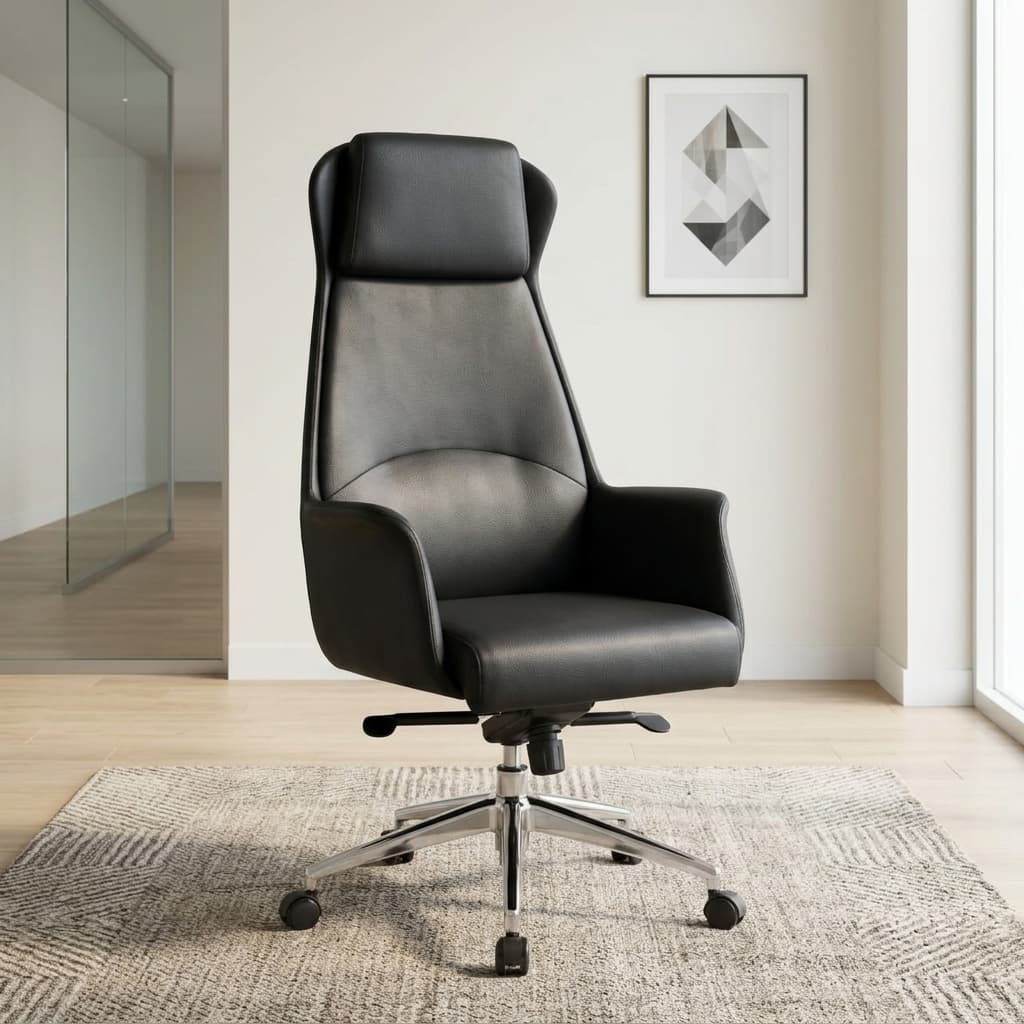 High Back Executive Office Seat featuring smooth black upholstery, a high tapered backrest, integrated padded headrest, curved armrests, and a polished metallic-toned five-star base with casters.