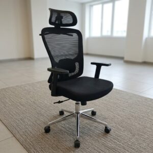 Premium high-back Orthopedic Office Chair in black mesh featuring an adjustable headrest, height adjustable armrests, an adjustable lumbar support cushion, and a polished chrome steel wheelbase.