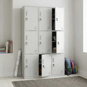 Premium light grey 9-Locker Steel Metal Locker Cabinet in a 3x3 grid layout, featuring individual key lock doors, vertical handles, and triangular corner ventilation holes.