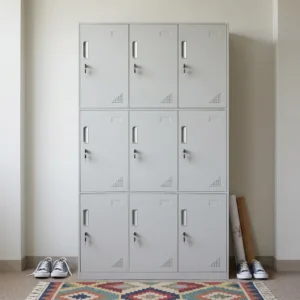Premium light grey 9-Locker Steel Metal Locker Cabinet in a 3x3 grid layout, featuring individual key lock doors, vertical handles, and triangular corner ventilation holes.