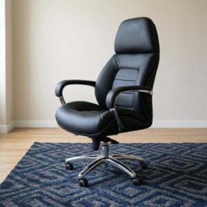 Premium high-back Executive Office Leather Chair upholstered in matte black leather, featuring a segmented padded backrest, chrome metal armrest supports, and a polished chrome steel five-star wheelbase.