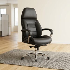 Premium high-back Executive Office Leather Chair upholstered in matte black leather, featuring a segmented padded backrest, chrome metal armrest supports, and a polished chrome steel five-star wheelbase.