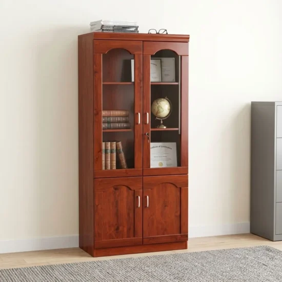 Premium 2-Door Executive Office Cabinet crafted from rich mahogany finished wood, featuring two upper arch-framed glass display doors with a lock mechanism and two lower solid wood panel doors.