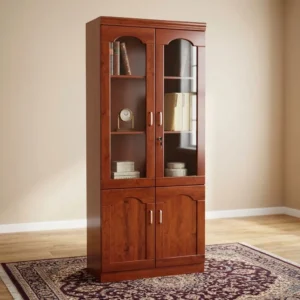 Premium 2-Door Executive Office Cabinet crafted from rich mahogany finished wood, featuring two upper arch-framed glass display doors with a lock mechanism and two lower solid wood panel doors.