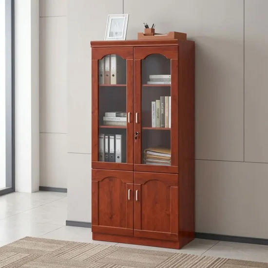 Premium 2-Door Executive Office Cabinet crafted from rich mahogany finished wood, featuring two upper arch-framed glass display doors with a lock mechanism and two lower solid wood panel doors.