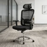 Premium high-back Orthopedic Office Chair in black mesh featuring an adjustable headrest, height adjustable armrests, an adjustable lumbar support cushion, and a polished chrome steel wheelbase.