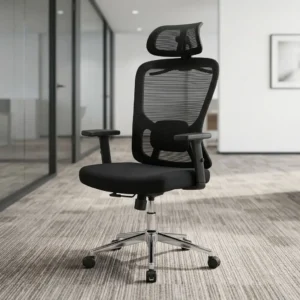 Premium high-back Orthopedic Office Chair in black mesh featuring an adjustable headrest, height adjustable armrests, an adjustable lumbar support cushion, and a polished chrome steel wheelbase.