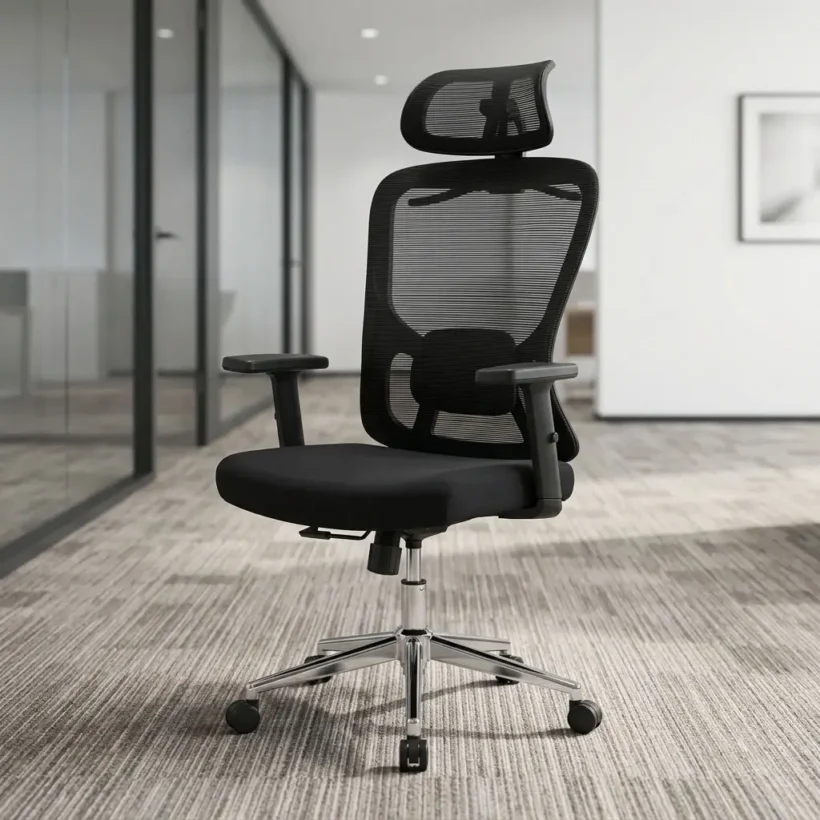 Premium high-back Orthopedic Office Chair in black mesh featuring an adjustable headrest, height adjustable armrests, an adjustable lumbar support cushion, and a polished chrome steel wheelbase.