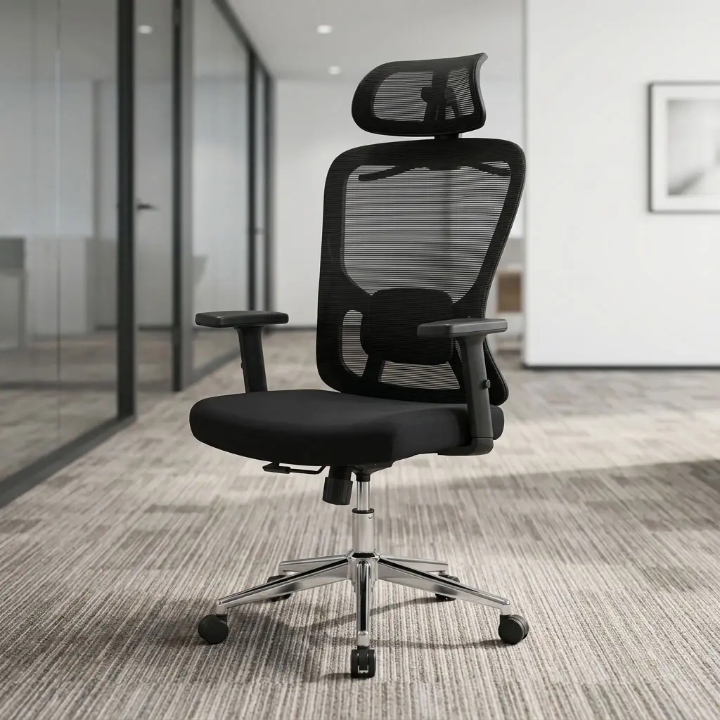Premium high-back Orthopedic Office Chair in black mesh featuring an adjustable headrest, height adjustable armrests, an adjustable lumbar support cushion, and a polished chrome steel wheelbase.