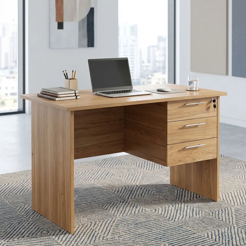 Minimalist 1 Meters Economic Office Desk crafted from natural oak finished wood, featuring a spacious flat tabletop, side modesty panels, and an integrated floating three-drawer pedestal with a central lock mechanism. Minimalist 1 Meters Economic Office Desk crafted from natural oak finished wood, featuring a spacious flat tabletop, side modesty panels, and an integrated floating three-drawer pedestal with a central lock mechanism.