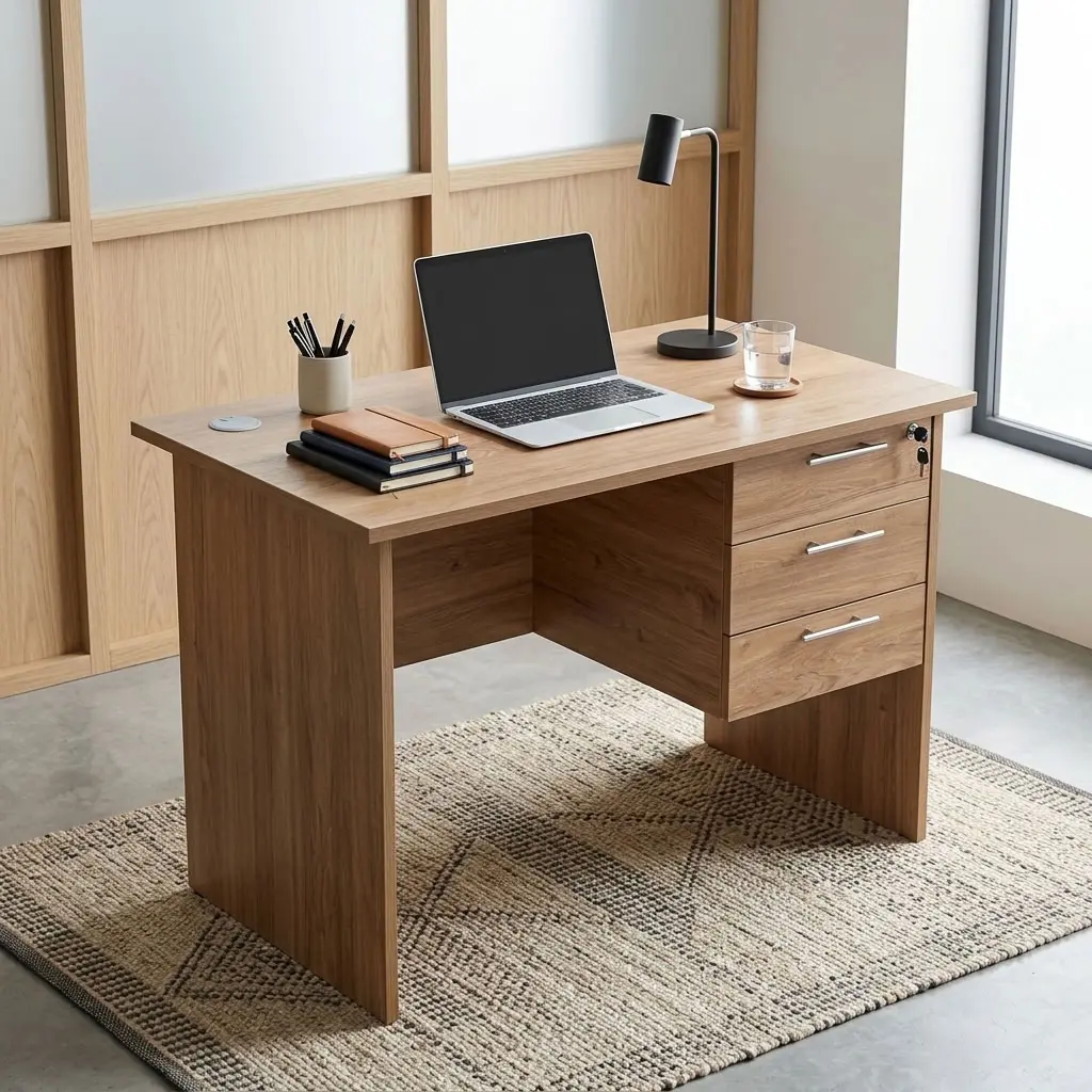 Minimalist 1 Meters Economic Office Desk crafted from natural oak finished wood, featuring a spacious flat tabletop, side modesty panels, and an integrated floating three-drawer pedestal with a central lock mechanism.