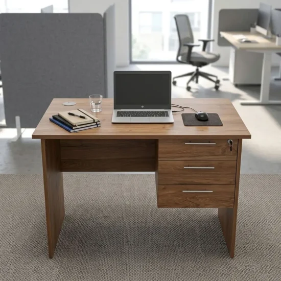 Minimalist 1 Meters Economic Office Desk crafted from natural oak finished wood, featuring a spacious flat tabletop, side modesty panels, and an integrated floating three-drawer pedestal with a central lock mechanism.