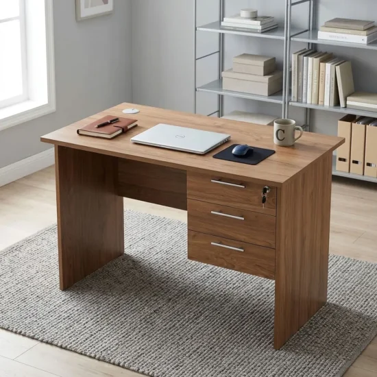 Minimalist 1 Meters Economic Office Desk crafted from natural oak finished wood, featuring a spacious flat tabletop, side modesty panels, and an integrated floating three-drawer pedestal with a central lock mechanism.