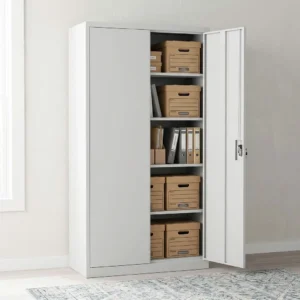 Premium light grey Metal Office Storage Cabinet with one swing door open, displaying five interior compartments with organized binders, storage boxes, and files on heavy-duty steel shelves.