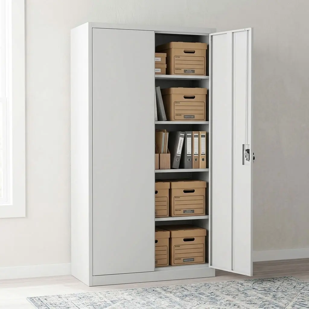 Premium light grey Metal Office Storage Cabinet with one swing door open, displaying five interior compartments with organized binders, storage boxes, and files on heavy-duty steel shelves. Premium light grey Metal Office Storage Cabinet with one swing door open, displaying five interior compartments with organized binders, storage boxes, and files on heavy-duty steel shelves.