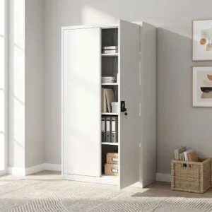 Premium light grey Metal Office Storage Cabinet with one swing door open, displaying five interior compartments with organized binders, storage boxes, and files on heavy-duty steel shelves.
