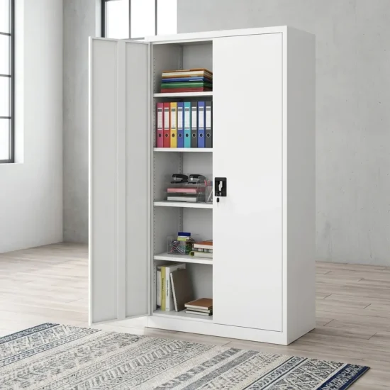Premium light grey Metal Office Storage Cabinet with one swing door open, displaying five interior compartments with organized binders, storage boxes, and files on heavy-duty steel shelves.