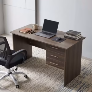 Premium 1400mm Office Study Desk crafted from dark walnut wood grain material, featuring a wide minimalist top, a low modesty panel, and an integrated three-drawer pedestal with a top lock core.
