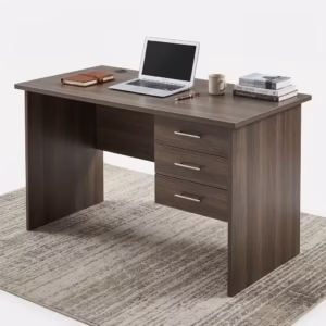 Premium 1400mm Office Study Desk crafted from dark walnut wood grain material, featuring a wide minimalist top, a low modesty panel, and an integrated three-drawer pedestal with a top lock core.