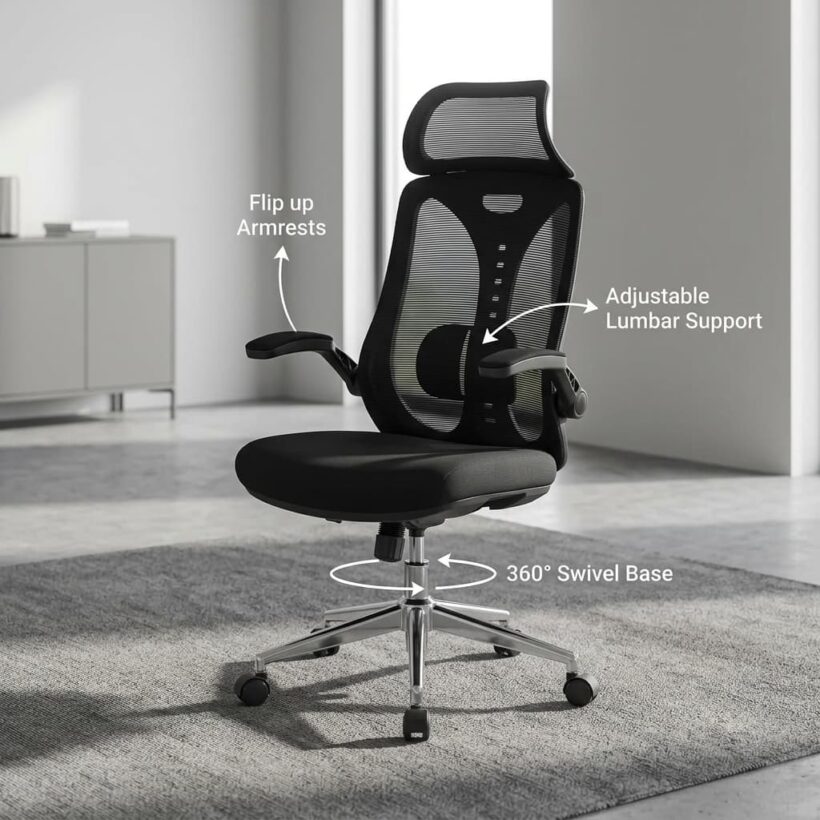 Ergonomic Swivel Modern Task Office Chair in black mesh featuring an adjustable lumbar support cushion, padded flip up armrests, and a polished chrome 360 degree swivel base.