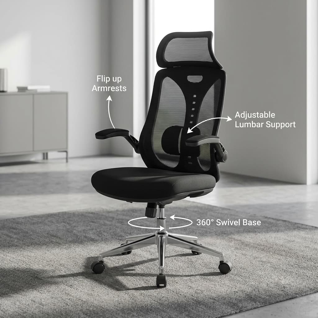Ergonomic Swivel Modern Task Office Chair in black mesh featuring an adjustable lumbar support cushion, padded flip up armrests, and a polished chrome 360 degree swivel base.