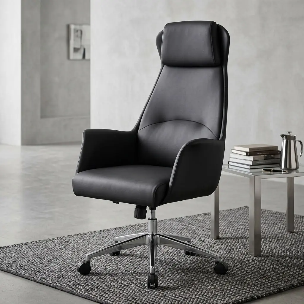 Premium high-back Leather Executive Office Seat in sleek matte black leather, featuring an integrated padded headrest, seamless upholstered armrests, and a mirror-polished chrome steel five-star wheelbase.