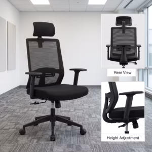 Premium High-Back Orthopedic Office Seat in all-black featuring a high-tension breathable mesh backrest, an adjustable headrest, height-adjustable armrests, and a heavy-duty five-star rolling base.