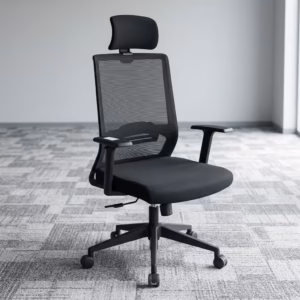 Premium High-Back Orthopedic Office Seat in all-black featuring a high-tension breathable mesh backrest, an adjustable headrest, height-adjustable armrests, and a heavy-duty five-star rolling base.
