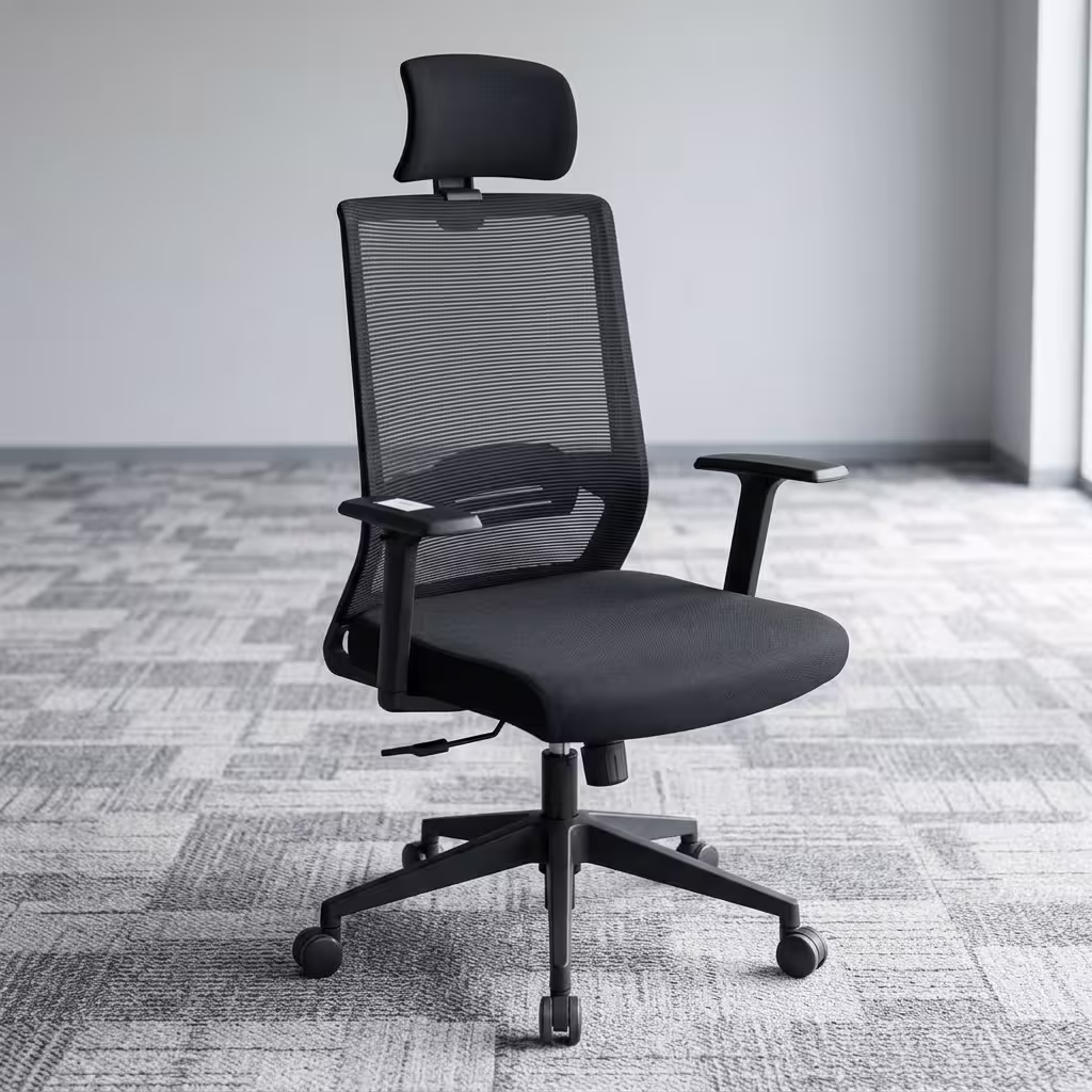 Premium High-Back Orthopedic Office Seat in all-black featuring a high-tension breathable mesh backrest, an adjustable headrest, height-adjustable armrests, and a heavy-duty five-star rolling base.
