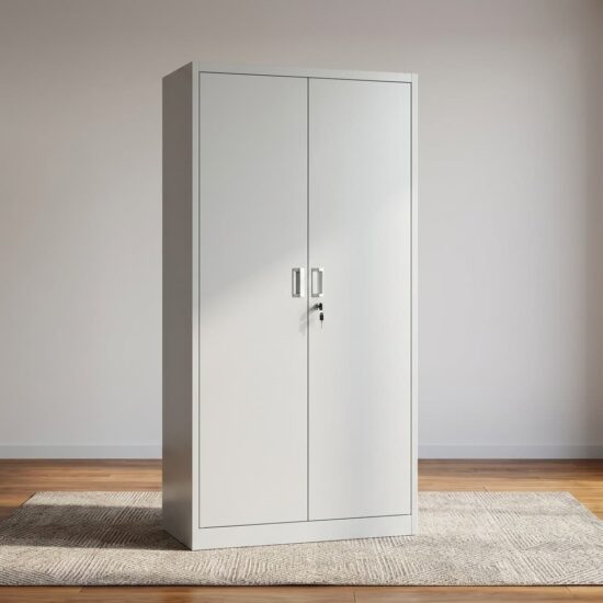 2-Door Office Cabinet (metallic) featuring a tall rectangular shape, light grey metallic doors, two vertical recessed handles, a central key lock with keys, and a solid base plinth.