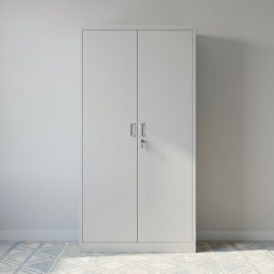 2-Door Office Cabinet (metallic) featuring a tall rectangular shape, light grey metallic doors, two vertical recessed handles, a central key lock with keys, and a solid base plinth.