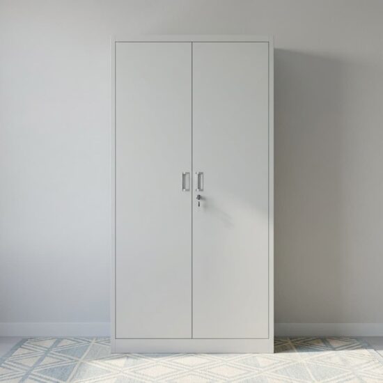 2-Door Office Cabinet (metallic) featuring a tall rectangular shape, light grey metallic doors, two vertical recessed handles, a central key lock with keys, and a solid base plinth.