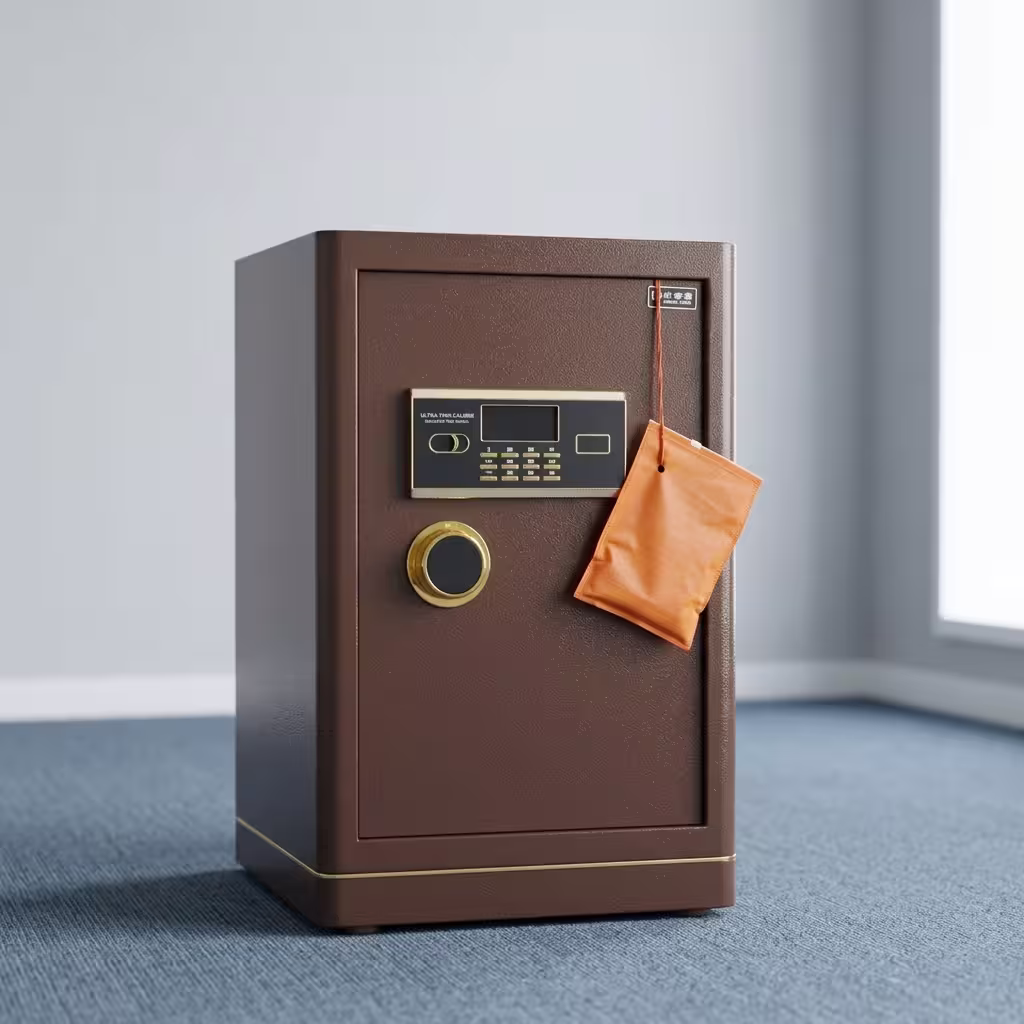 60 Kgs fireproof home/office safe featuring a brown textured finish, gold-toned base trim, electronic keypad with fingerprint scanner, circular gold handle, four polished cylindrical locking bolts, diamond-patterned fabric interior lining, and an internal wood-grain finish lockable drawer.