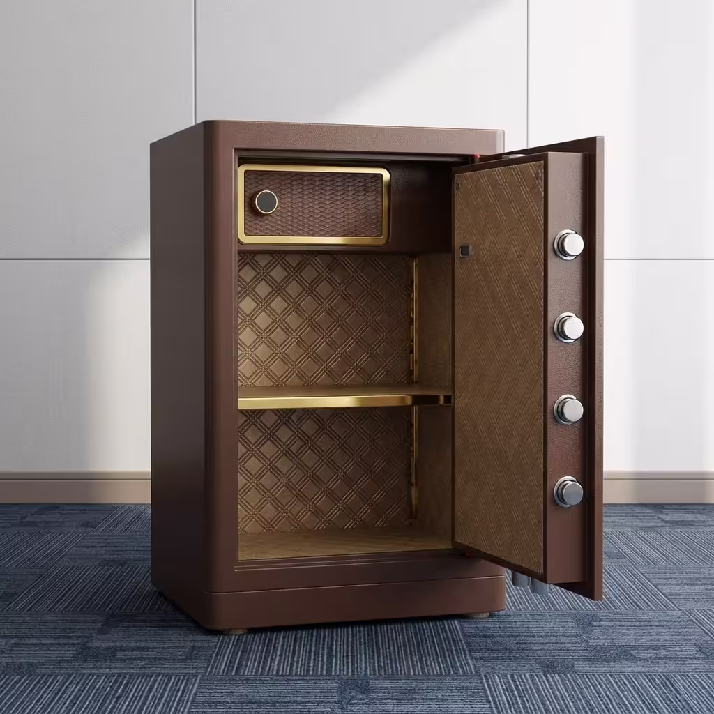 60 Kgs fireproof home/office safe featuring a brown textured finish, gold-toned base trim, electronic keypad with fingerprint scanner, circular gold handle, four polished cylindrical locking bolts, diamond-patterned fabric interior lining, and an internal wood-grain finish lockable drawer.
