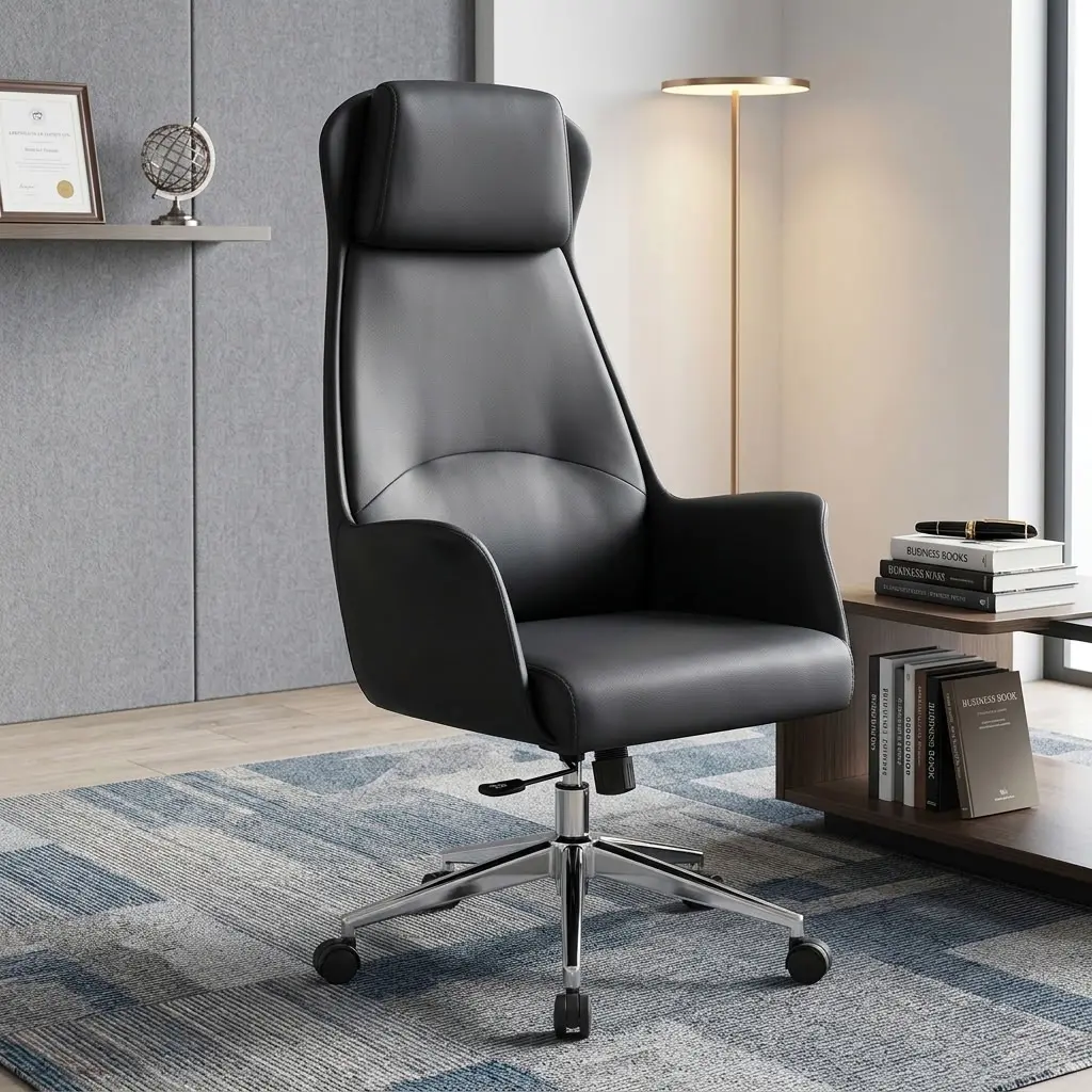 Premium high-back Leather Executive Office Seat in sleek matte black leather, featuring an integrated padded headrest, seamless upholstered armrests, and a mirror-polished chrome steel five-star wheelbase. Premium high-back Leather Executive Office Seat in sleek matte black leather, featuring an integrated padded headrest, seamless upholstered armrests, and a mirror-polished chrome steel five-star wheelbase.
