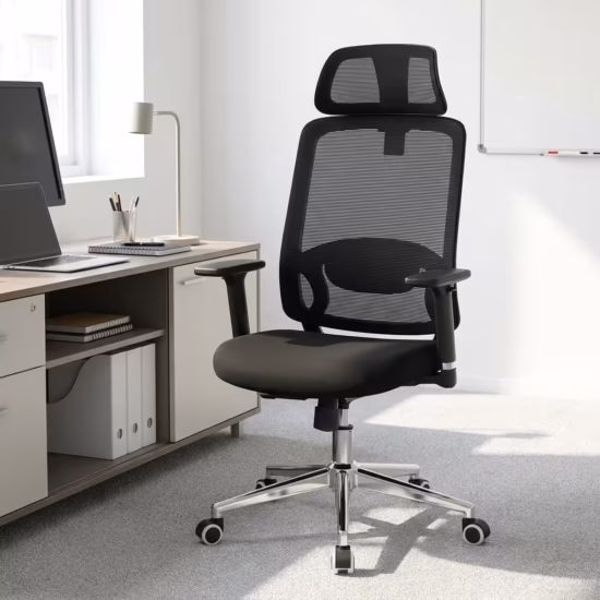 Premium High-Back Orthopedic High-Back Office Seat featuring a black mesh backrest, a matching rectangular adjustable headrest, built-in horizontal lumbar cushion support, flat T-shaped armrests, a plush black seat cushion, and a heavy-duty black five-star base with rolling wheels, standing on a polished light wood floor.