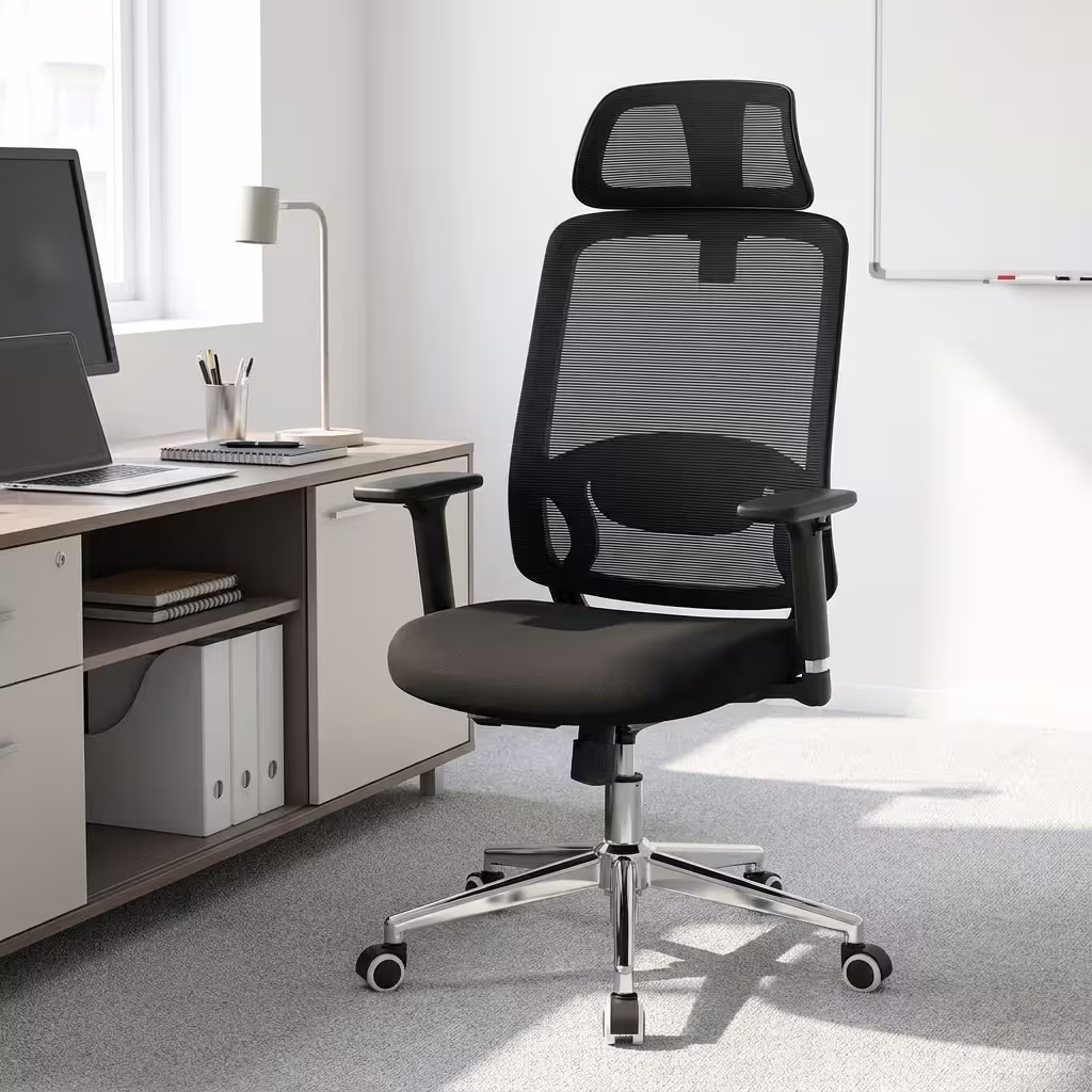 Premium High-Back Orthopedic High-Back Office Seat featuring a black mesh backrest, a matching rectangular adjustable headrest, built-in horizontal lumbar cushion support, flat T-shaped armrests, a plush black seat cushion, and a heavy-duty black five-star base with rolling wheels, standing on a polished light wood floor.