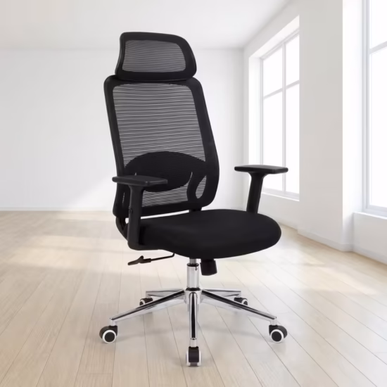 Premium High-Back Orthopedic High-Back Office Seat featuring a black mesh backrest, a matching rectangular adjustable headrest, built-in horizontal lumbar cushion support, flat T-shaped armrests, a plush black seat cushion, and a heavy-duty black five-star base with rolling wheels, standing on a polished light wood floor.