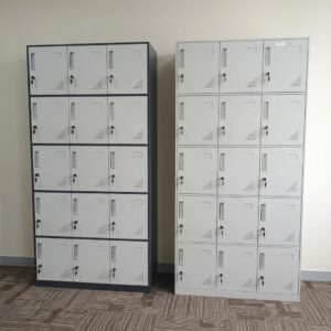 15-Locker Metallic Office Cabinet featuring a 5-tier vertical configuration, dark grey outer frame, light grey metallic doors, independent key locks, recessed handles, and triangular ventilation holes.